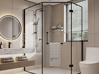Modern Bathroom Interior With Glass Shower Enclosure Round Mirror And Marble Countertop 3d model