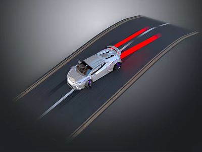 Silver Sports Car Speeding On Track With Red Tail Light Trails 3d model