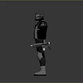 Game Movie Character In Futuristic Protective Suit With Helmet Goggles Knee Pads Boots And Gun