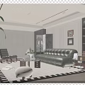 Elegant Modern Living Room Interior With Green Leather Sofa Black Armchair And Geometric Rug