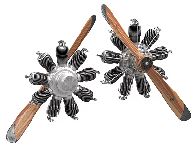 Two Vintage Radial Aircraft Engines With Wooden Propellers And Metal Components 3d model