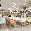Vibrant Open Restaurant Interior With Colorful Chairs White Tables Pendant Lights And Screens