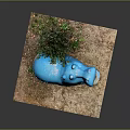 Blue Hippo Sculpture With Small Plant On Sandy Ground Decorative Artwork