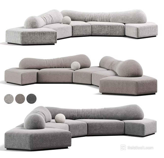 Modern Grey Modular Fabric Sectional Sofa with Round Cushions and Soft Upholstery 3d model 