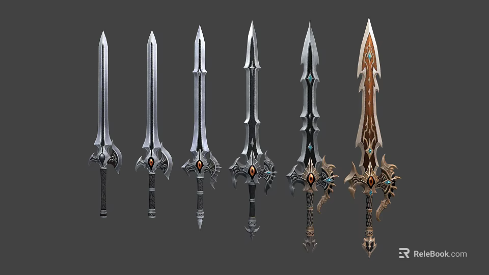 Six Different Designed Swords With Metallic Blades Decorative Hilts And Gemstone Accents 3d model 