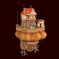 Cartoon Scenic Floating House on Hot Air Balloon with Red Roof Ladder and Smoking Chimney