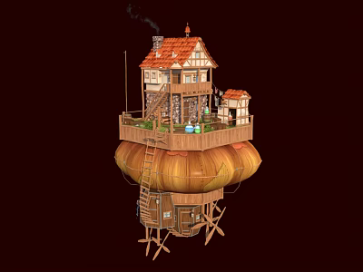 Cartoon Scenic Floating House on Hot Air Balloon with Red Roof Ladder and Smoking Chimney 3d model