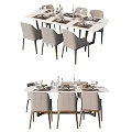Modern Rectangular Dining Table Set With Six Wooden Leg Chairs And Tableware Candlesticks 3d model