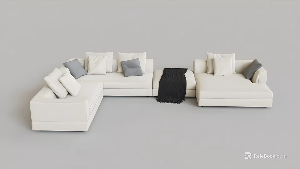 White L shaped Casual Sofa Set With Multiple Cushions And Throw Blanket 3d model
