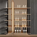 Modern Brass Multi-tiered Display Shelf With Glassware And Bottles On Wooden Wall