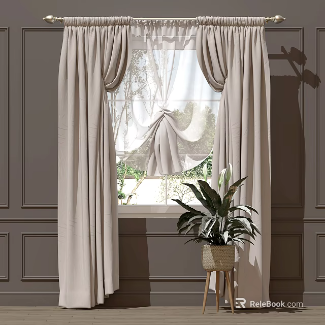 Elegant Beige Pleated Curtains With Sheer Layer And Green Outdoor View With Potted Plant 3d model 