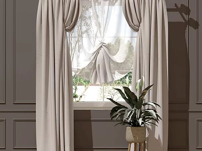 Elegant Beige Pleated Curtains With Sheer Layer And Green Outdoor View With Potted Plant 3d model