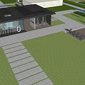 Modern Building Entrance With Glass Facade Greenery High Rise Background And Digital 02