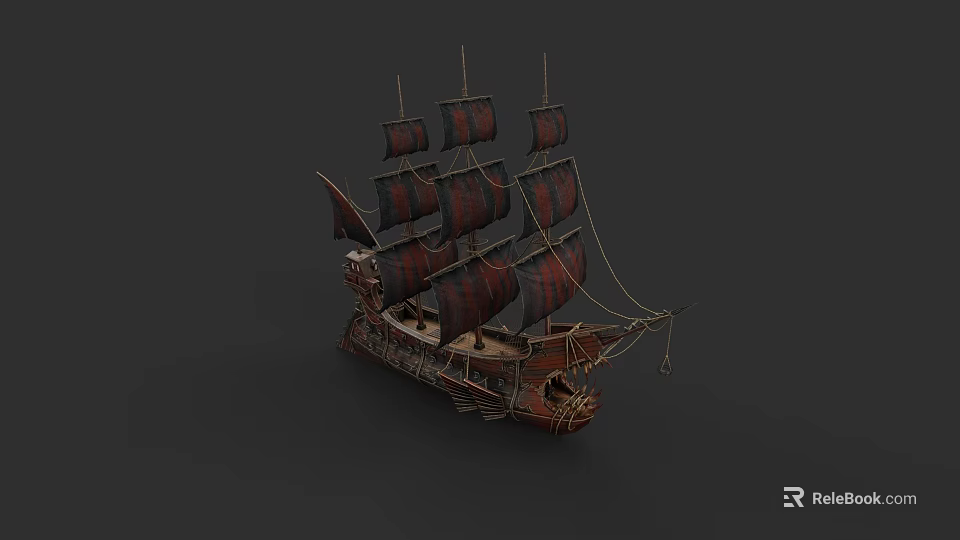 Vintage Sailing Ship With Red Black Sails And Wooden Hull Design 3d model 