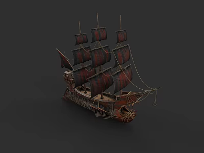 Vintage Sailing Ship With Red Black Sails And Wooden Hull Design 3d model