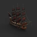 Vintage Sailing Ship With Red Black Sails And Wooden Hull Design