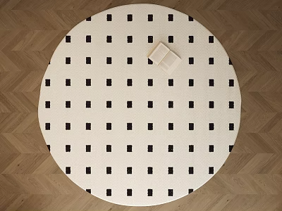 Cream Colored Round Rug With Black Squares And Book On Herringbone Wood Floor 3d model