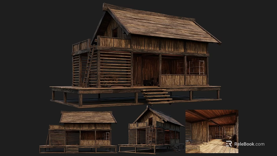 Traditional Wooden Ancient Building With Classic Roof Steps and Veranda Design 3d model 