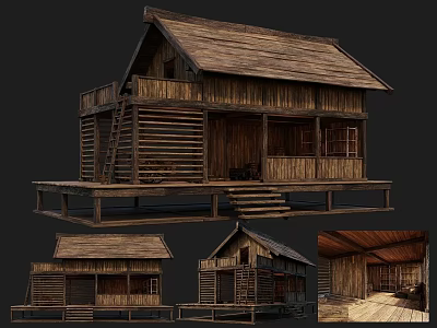 Traditional Wooden Ancient Building With Classic Roof Steps and Veranda Design 3d model