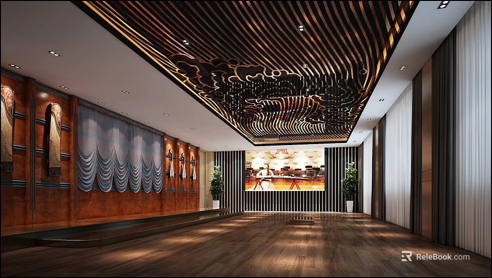 Exhibition Hall Interior Design With Wooden Striped Ceiling Decorative Wall Panels And Wooden Flooring 3d model 