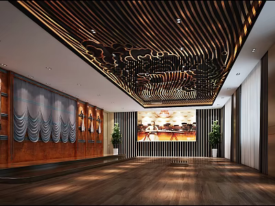 Exhibition Hall Interior Design With Wooden Striped Ceiling Decorative Wall Panels And Wooden Flooring 3d model