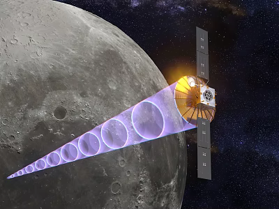 Satellite Orbiting Moon Emitting Purple Beam With Ring Effects In Space 3d model