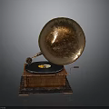 Vintage Phonograph With Brass Horn Wooden Base And Turntable
