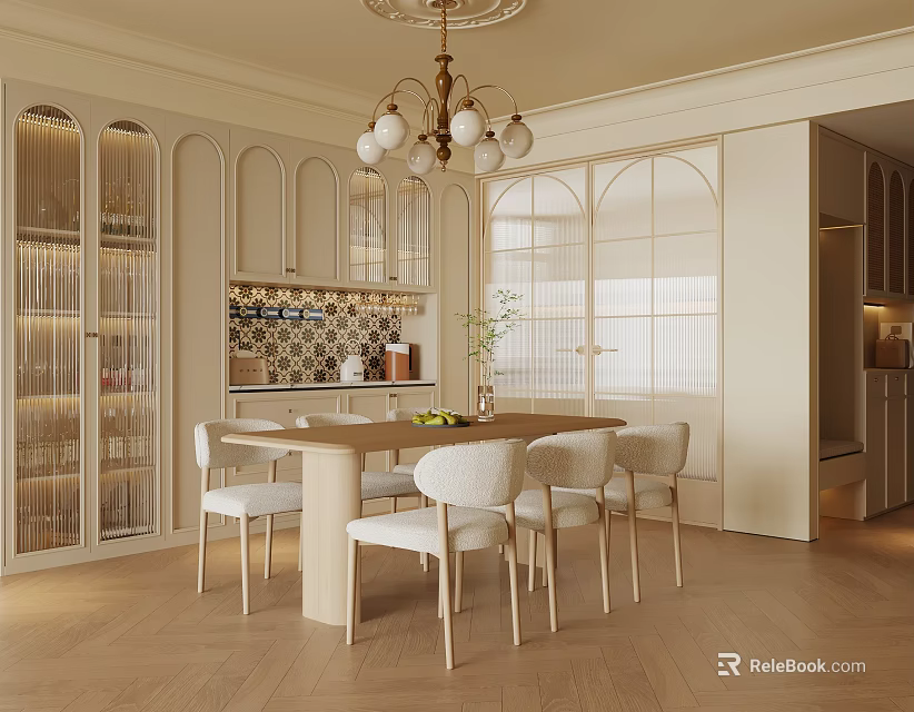 Modern Restaurant Interior With Chandelier Dining Table Chairs Glass Cabinets And Open Layout 3d model