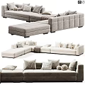 Beige Fabric Double Sofa With Checkered Pillows Cozy Throw Blanket And Ottoman