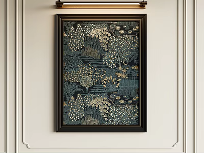 Modern Abstract Painting Framed Wall Art With Blue Tones And Gold Accents 3d model
