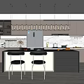 Modern Restaurant Kitchen Interior With Island Counter Bar Stools And Hanging Lights