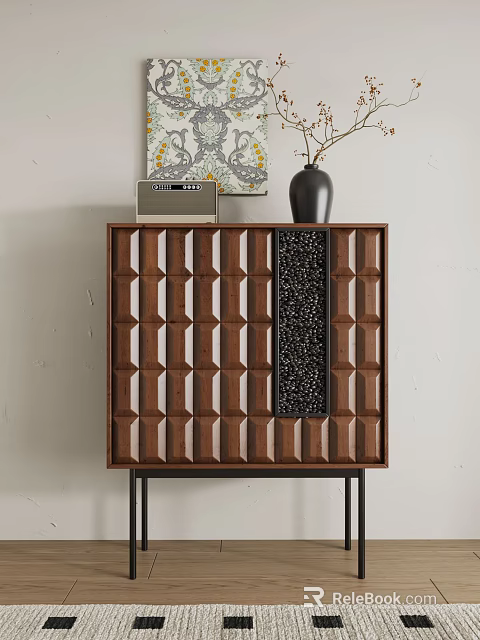 Wooden Entryway Console Table With Geometric Pattern And Decorative Items On Top 3d model