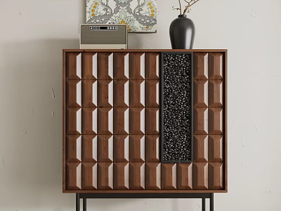 Wooden Entryway Console Table With Geometric Pattern And Decorative Items On Top 3d model