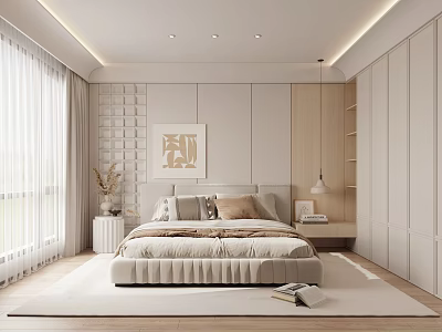 Modern Minimalist Bedroom Interior Design With Platform Bed Wardrobe Curtains And Decorative Artwork 3d model
