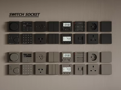 Modern Black And Gray Switch Socket Panels With Various Designs And Styles 3d model