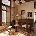 Stylish Accent Chairs with Woven Bamboo Screens and Wooden Furniture in Cozy Living Room Interior