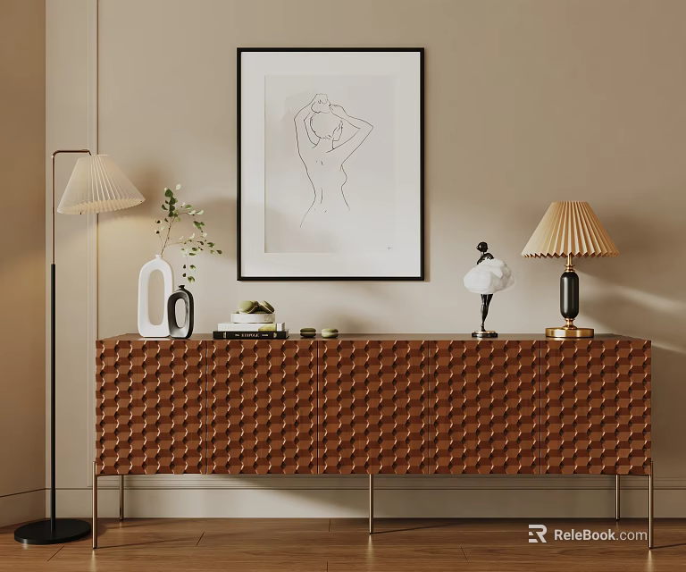 Elegant Modern Entryway Console Table With Textured Brown Surface Decorative Lamps Vase Artwork 3d model