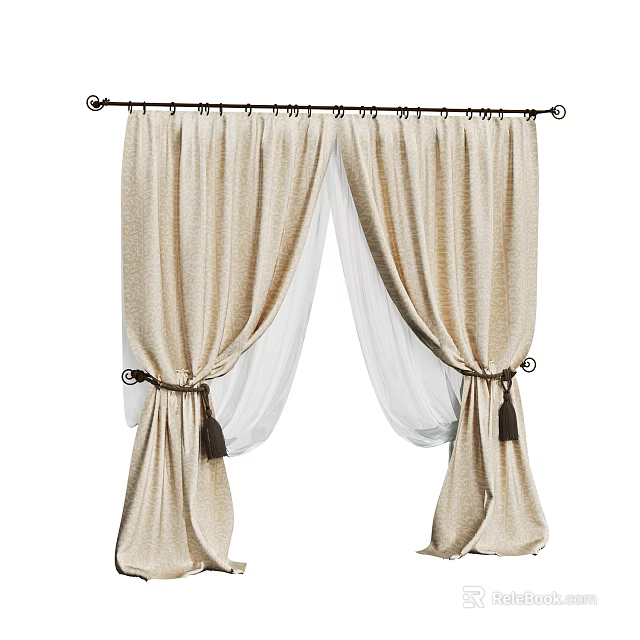 Beige Curtains With Sheer Inner Layer Decorative Black Rod And Tassel Ties 3d model 