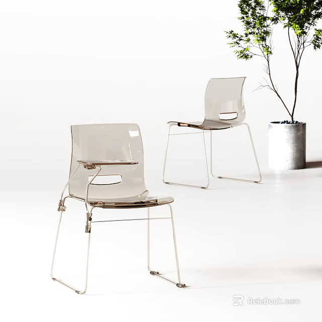 Transparent Leisure Chairs With Modern Design Metal Frame And Plant In White Planter 3d model 