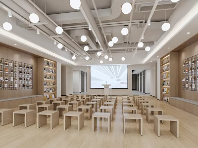 Bright Learning Space With Wooden Chairs Lectern Large Screen And Bookshelves 3d model