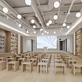 Bright Learning Space With Wooden Chairs Lectern Large Screen And Bookshelves