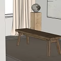 Rustic Wooden Bench in Cozy Indoor Space with Curtains and Wall Art