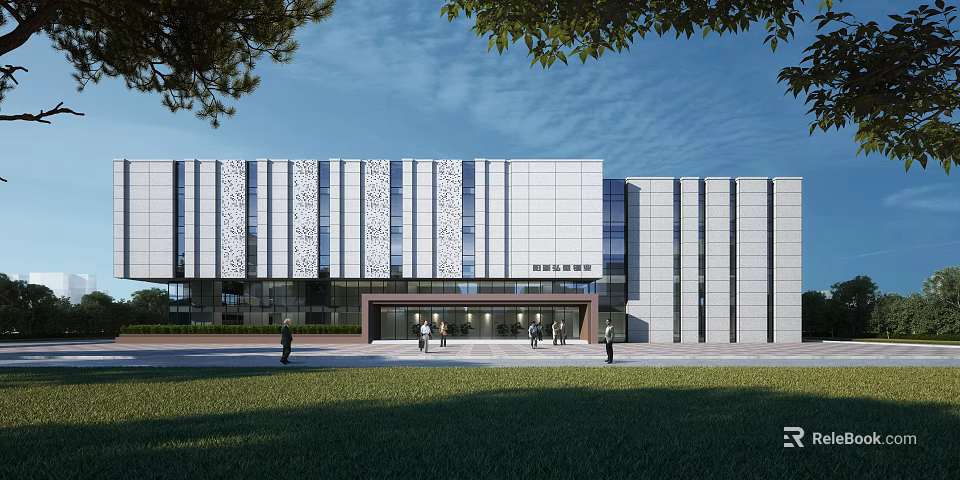 Modern Office Building Exterior With Perforated Panels Green Lawn And Entrance People 3d model 