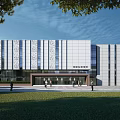 Modern Office Building Exterior With Perforated Panels Green Lawn And Entrance People