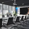 Modern Conference Room Interior With Long Table Black Chairs Ceiling Lighting And City View Windows