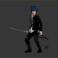 Anime Character With Blue Hair Cat Ears Black Coat And Sword Holding Blue Flames