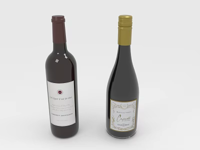 Elegant Wine Bottles And Glasses With Red Gold Caps And Decorative Labels 3d model