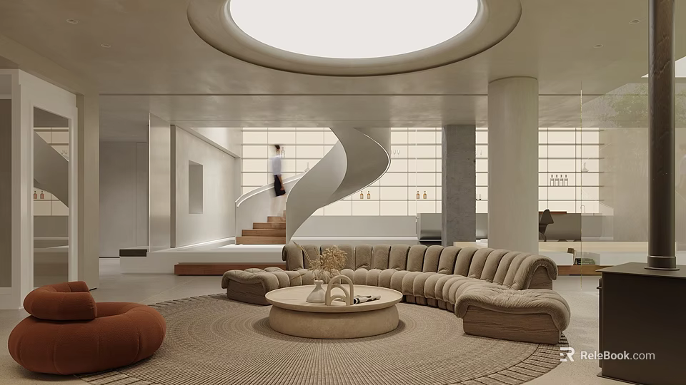 Contemporary Living Room With Round Skylight Spiral Staircase Beige Curved Sofa Round Rug And Windows 3d model 
