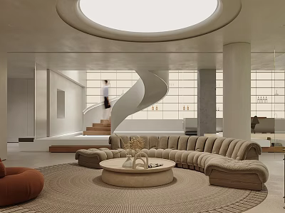 Contemporary Living Room With Round Skylight Spiral Staircase Beige Curved Sofa Round Rug And Windows 3d model