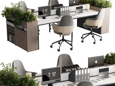 Modern Office Desk And Chair Set With Green Plants File Folders And Laptop 3d model